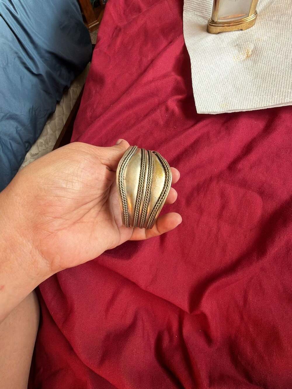 Vintage Brass Tone Wide Cuff Bracelet with Twisted Rope Wire Accents